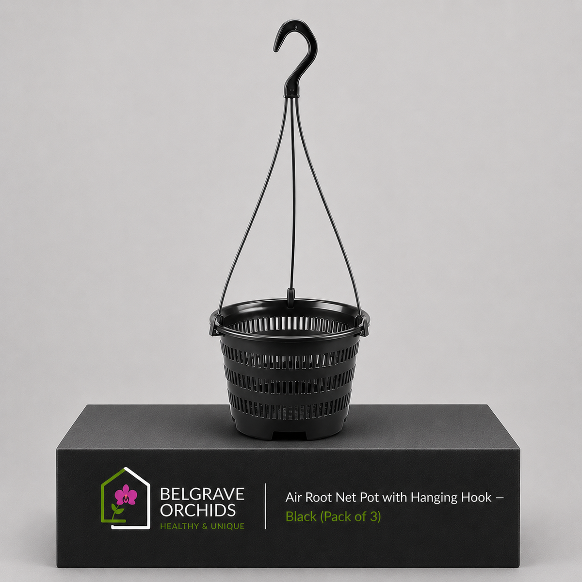 Air Root Net Pot with Hanging Hook Black showing pot standing upright