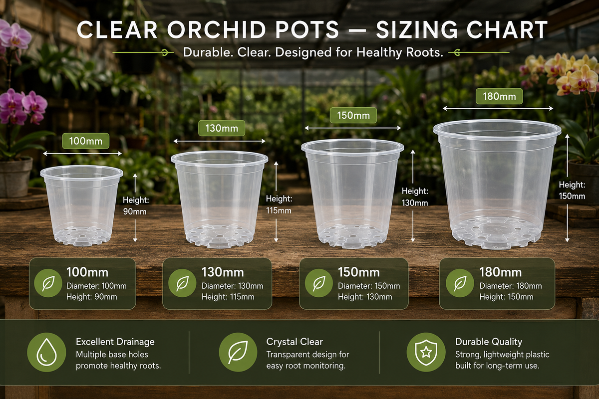 Clear Orchid Pots 100mm showing size dimensions