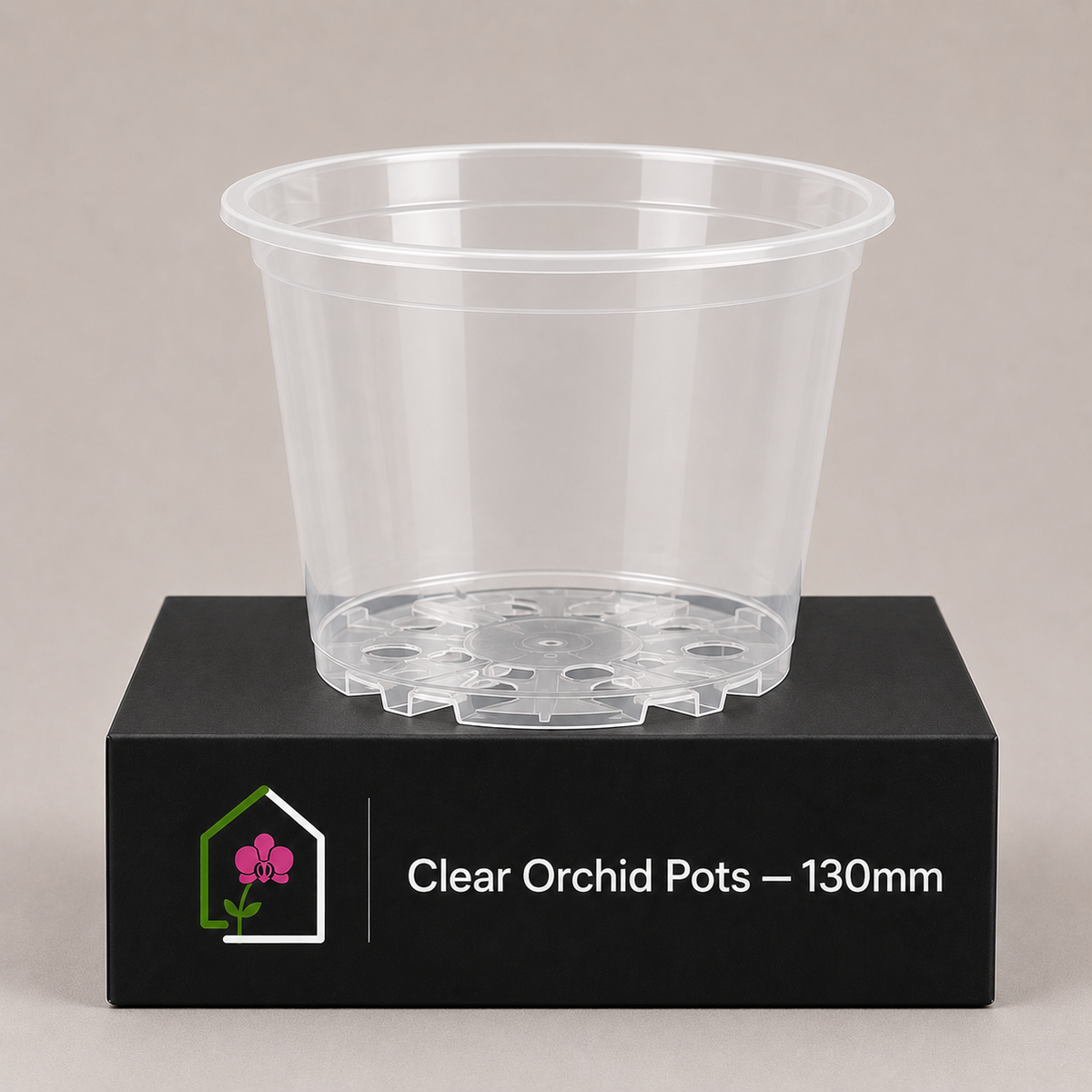 Clear Orchid Pots 130mm showing pot display