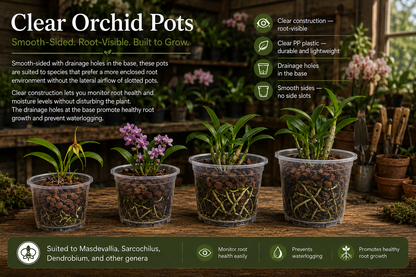 Clear Orchid Pots 180mm shown with orchid growing