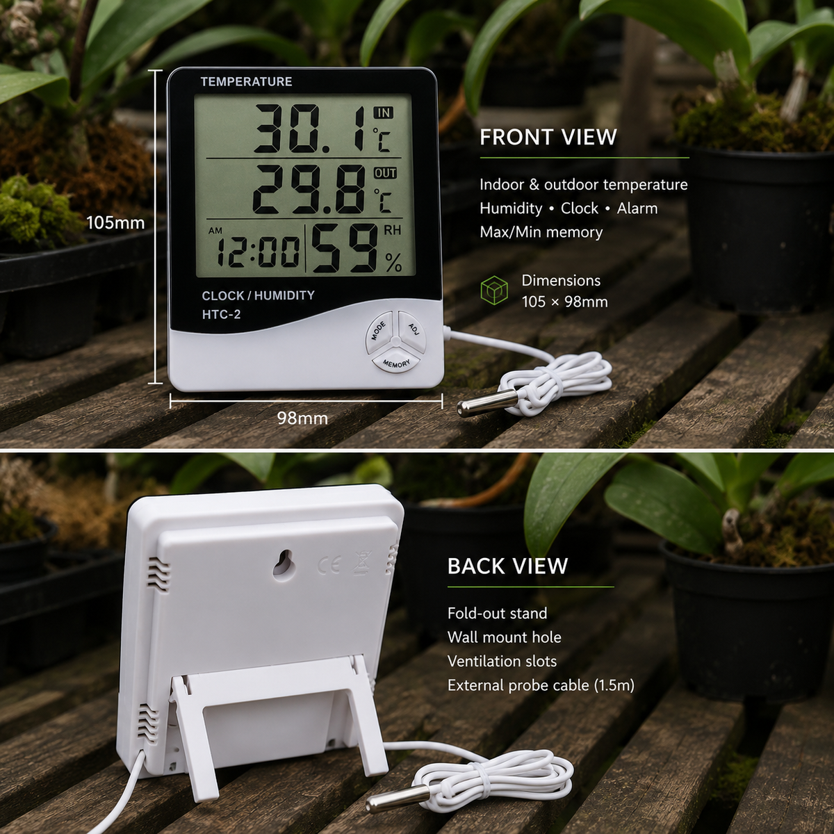 Digital Thermometer Hygrometer HTC-2 showing front and back with size dimensions