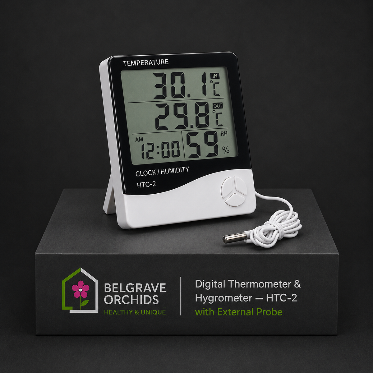 Orchid Growing Space Digital Thermometer Hygrometer HTC-2 showing wall mount installation