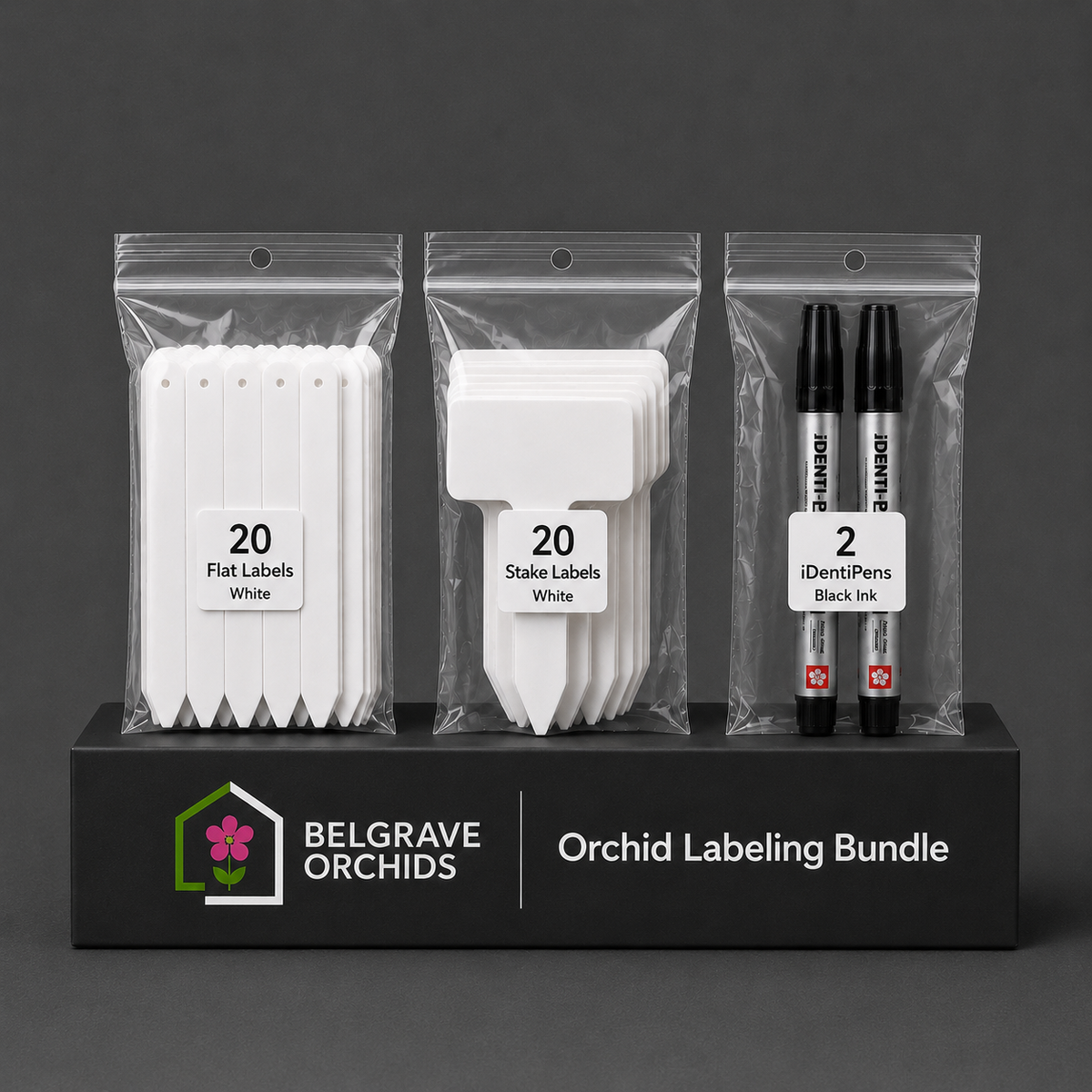 Orchid Labelling Kit showing markers, flat labels and stake labels contents