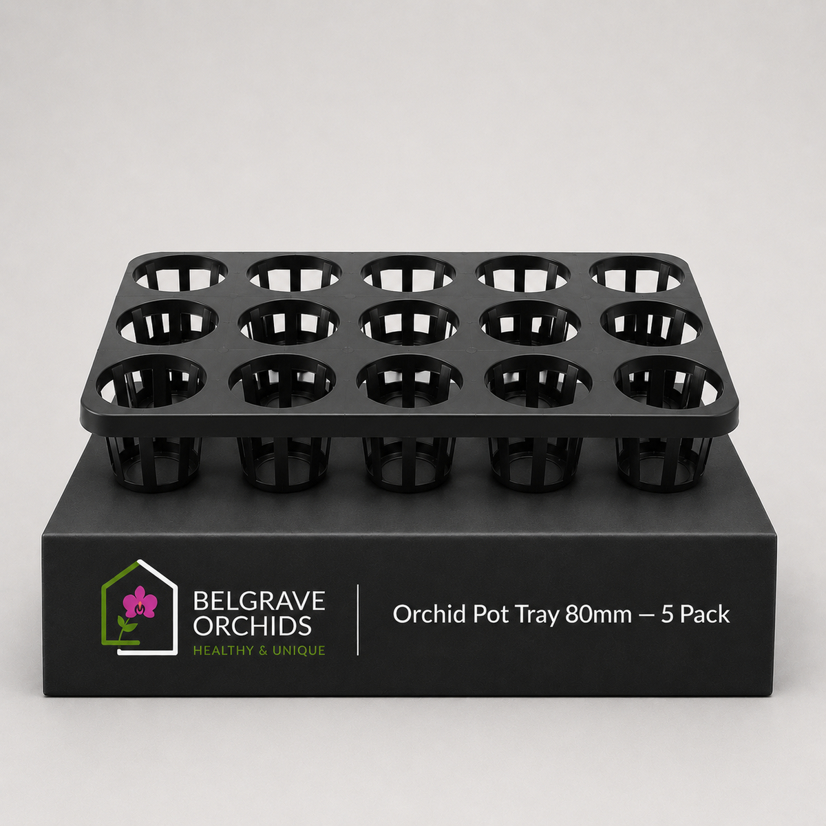 Orchid Pot Tray 80mm 5 Pack showing tray display