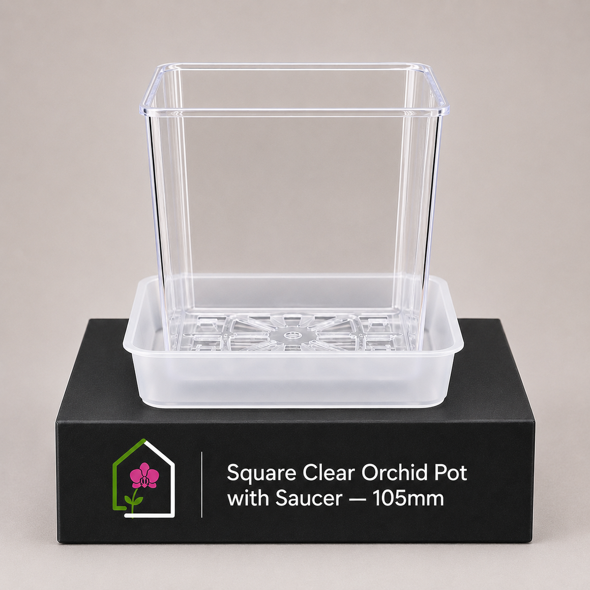 Square Clear Orchid Pot with Saucer 105mm showing pot display